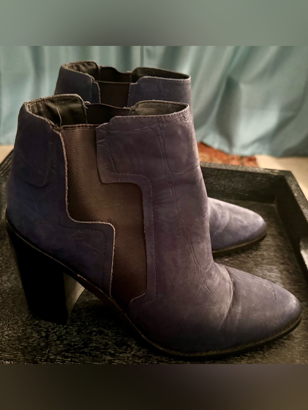 L.A.M.B. Navy Blue Suede Leather Chelsea 4.5” Ankle Boots